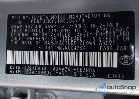 2019 Toyota Camry Le из США, поврежденный, VIN 4T1B11HK2KU847921